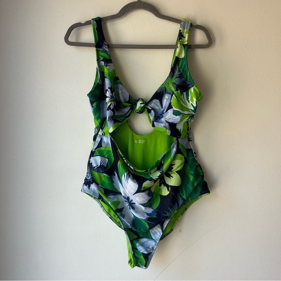 Aerie One Piece Swimsuit L Tropical Floral Green Blue Cutout Bathing Suit - Picture 1 of 12